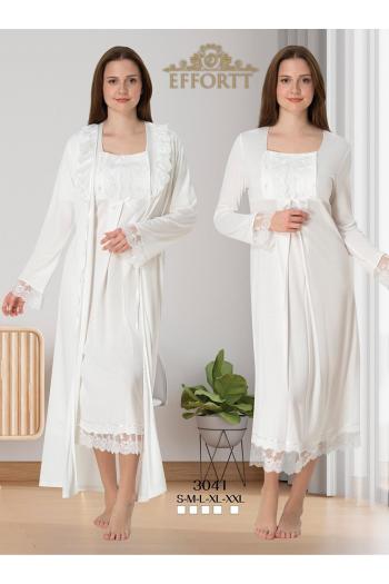 Effortt 3041 EKRU Dantelli Sabahlıklı Lohusa Gecelik Takımı